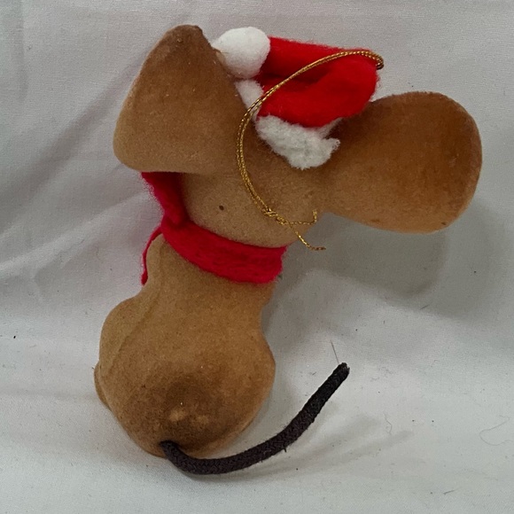 Vintage Brown Fuzzy Christmas Mouse Tree Ornament With Gold Hanger String - Picture 3 of 7